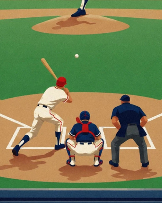 The batter in a red cap, the crouching catcher and the umpire facing the ball
