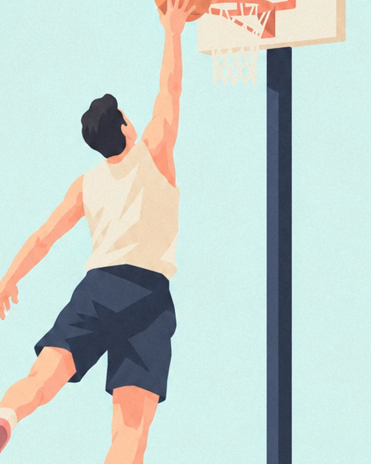 Póster jugador de baloncesto volando hacia la canasta para un mate: detalle en primer plano