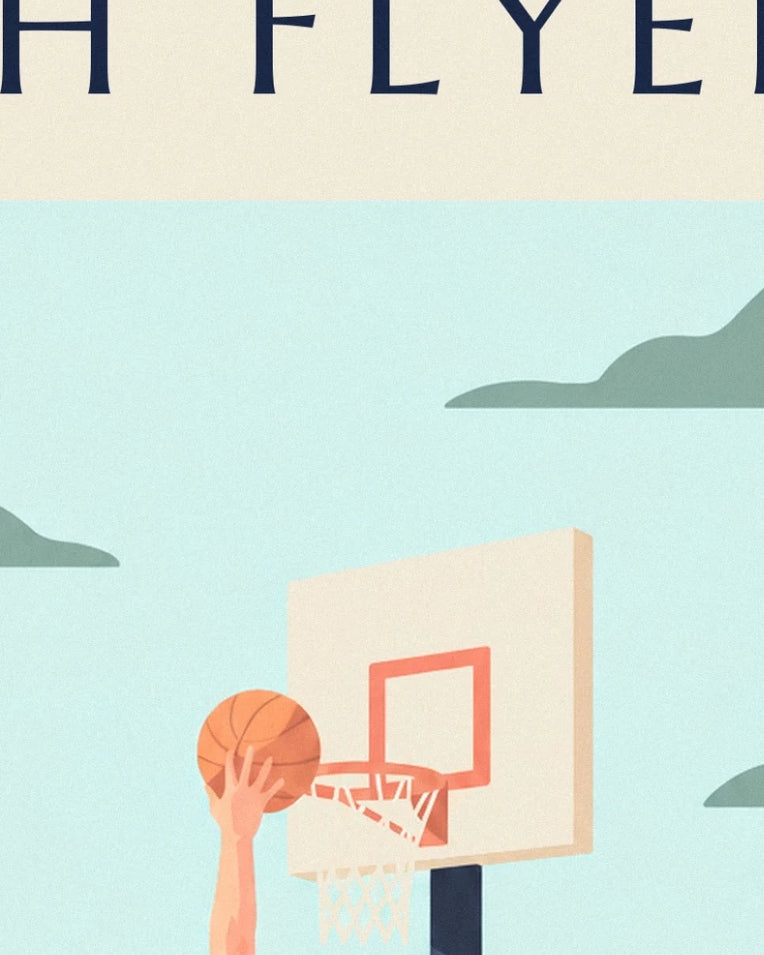 Póster jugador de baloncesto volando hacia la canasta para un mate: detalle en primer plano