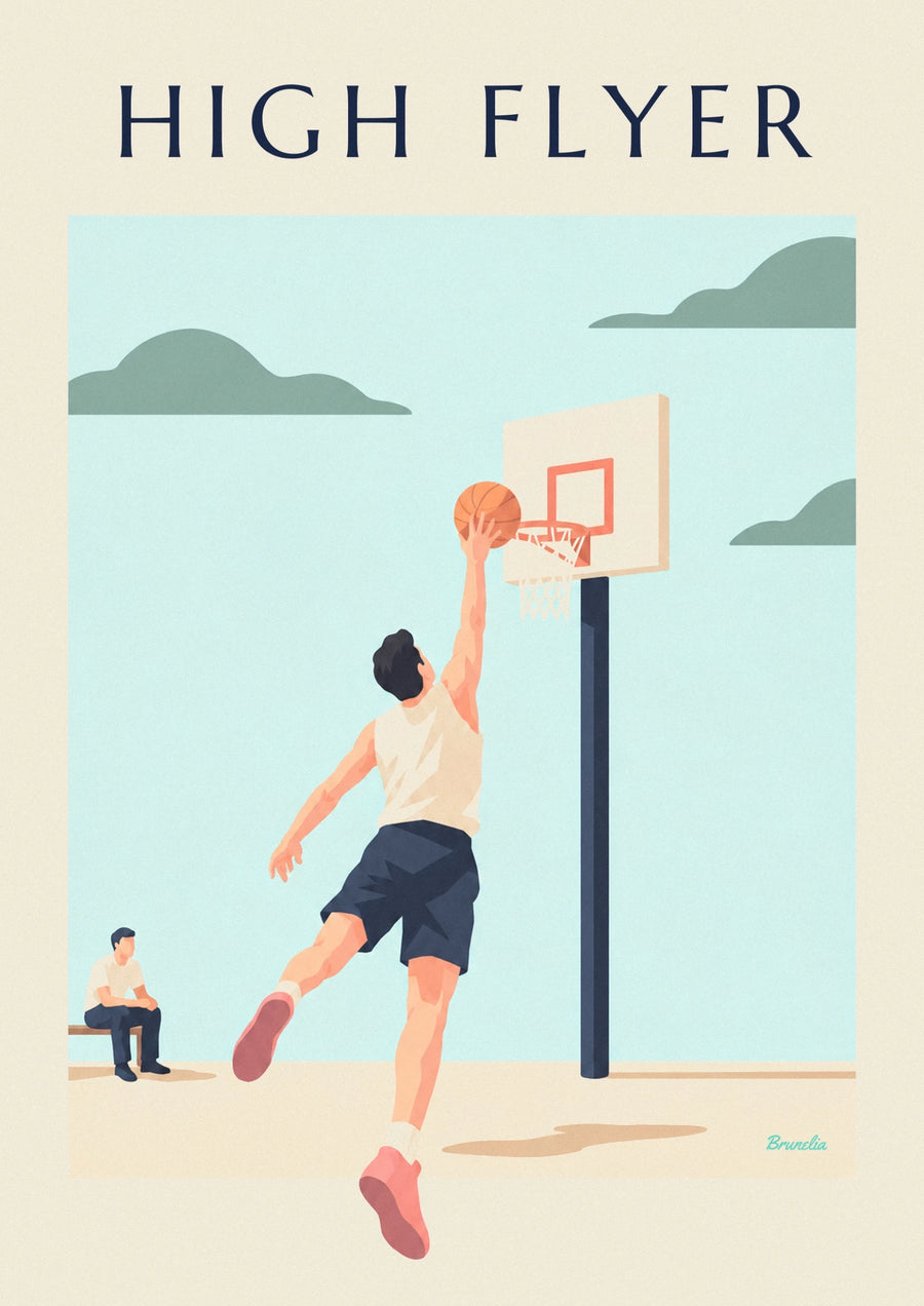 Póster jugador de baloncesto volando hacia la canasta para un mate