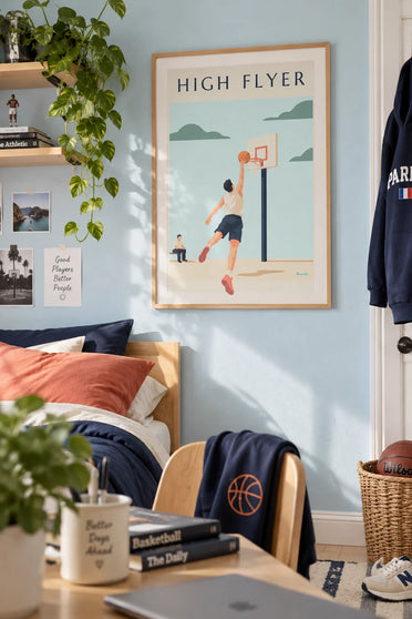Poster of a basketball player soaring toward the hoop for a dunk: framed on the wall