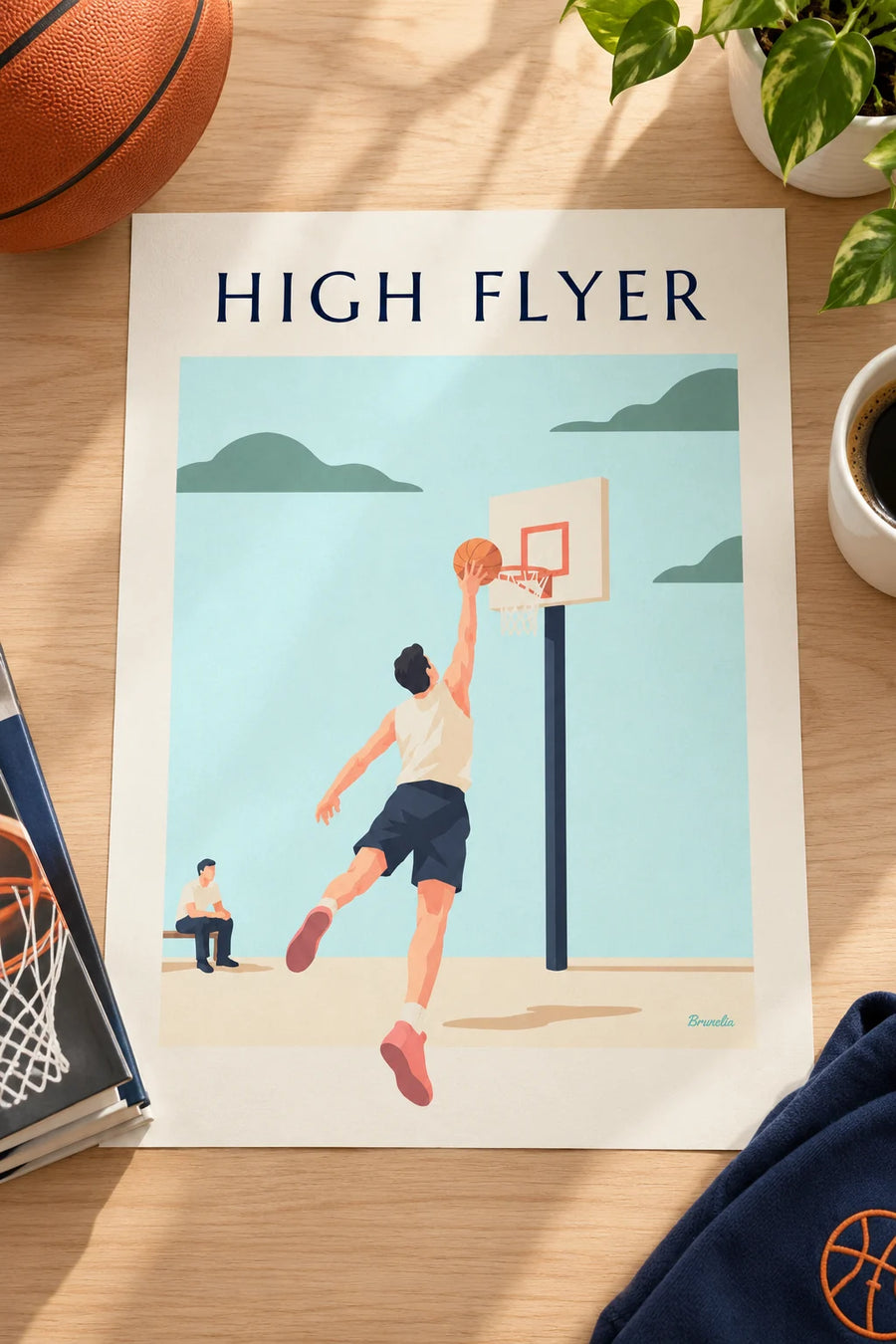 Póster de jugador de baloncesto volando hacia la canasta para machacar: apoyado sobre una mesa