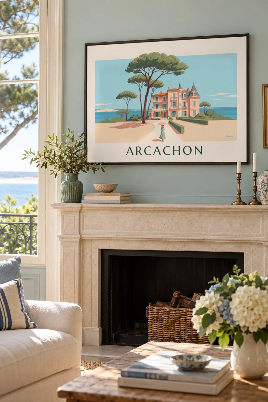 Póster de una villa de la Ville d'Hiver en Arcachon entre pinos: enmarcado en la pared