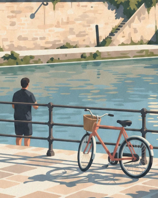 The red bicycle with a wicker basket leaning against the railing, with a man facing the water