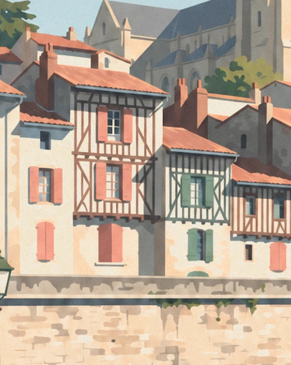 The half-timbered houses with pink and green shutters, overlooked by the cathedral