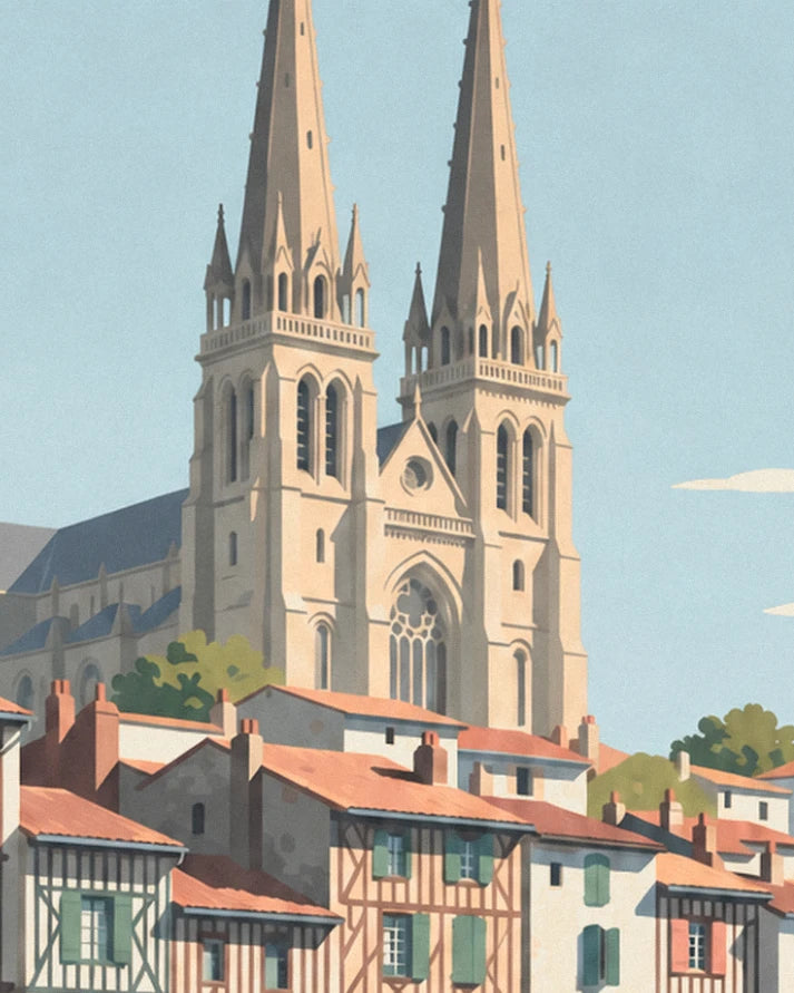 The cathedral's 2 spires above the orange tiled roofs