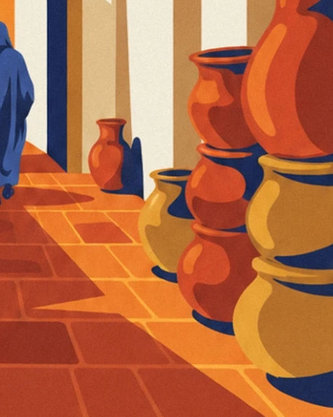 Red and golden terracotta jars stacked along the paved floor