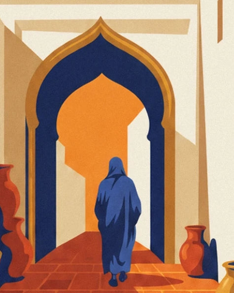 A figure draped in blue, seen from behind beneath a blue and gold arch, between jars