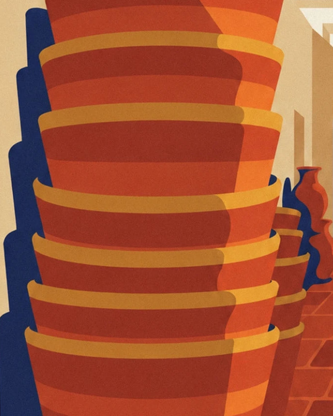 A stack of red baskets with golden rims in the alley