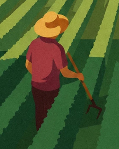 The winegrower in a straw hat and purple shirt, holding a hoe