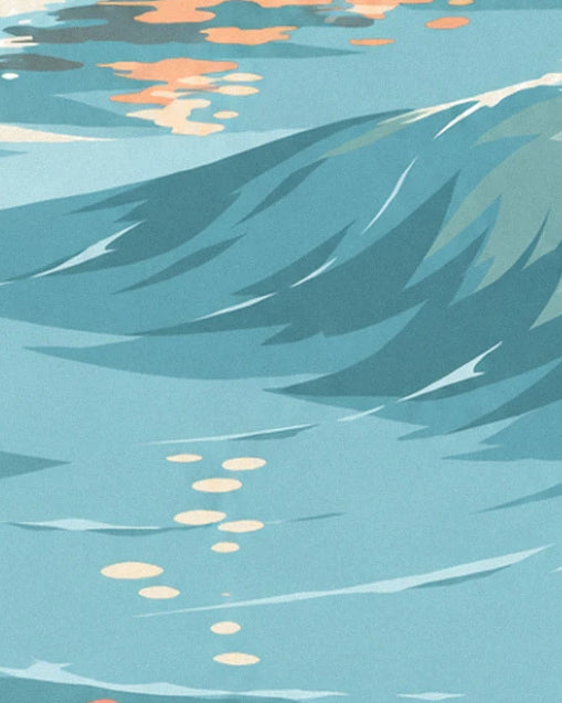 A turquoise wave in flat blocks of colour, with orange sunlight reflected on the water