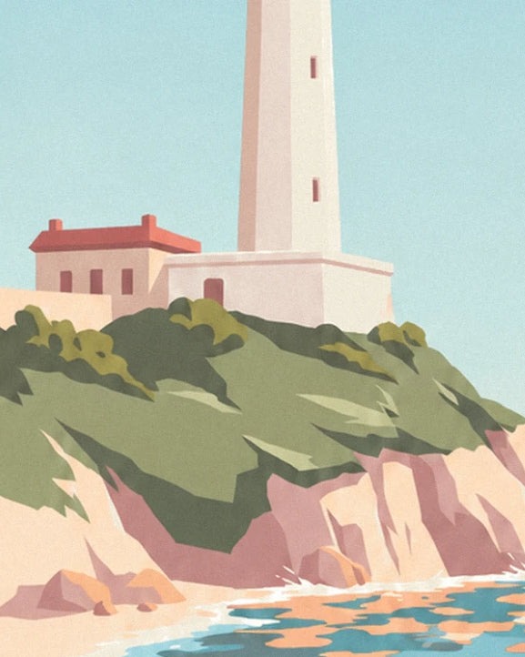 The white lighthouse and its small red-roofed house, perched on the pink cliff covered in greenery