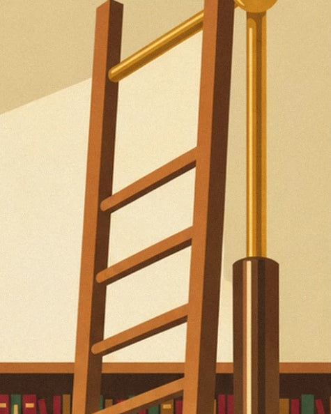The wooden ladder and its golden brass rail, in front of a pale wall