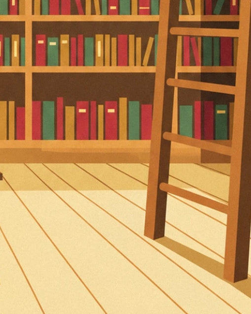 The sliding ladder resting on the pale wooden floor, facing the bookshelves
