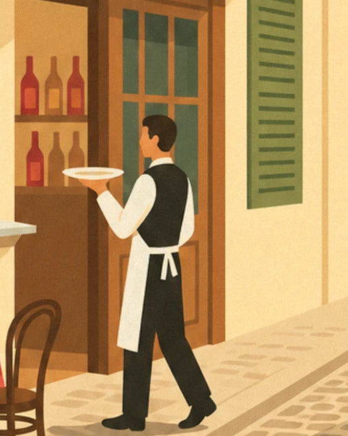 Le serveur en gilet noir et tablier blanc portant une assiette devant le comptoir, sur le trottoir pavé