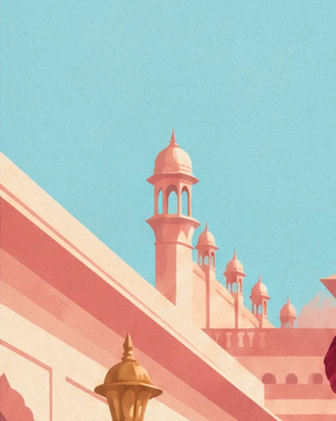 Small towers with salmon-pink domes against a turquoise sky, with a golden lantern below