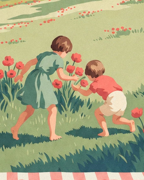 The two barefoot children among the poppies, in a green dress and red top