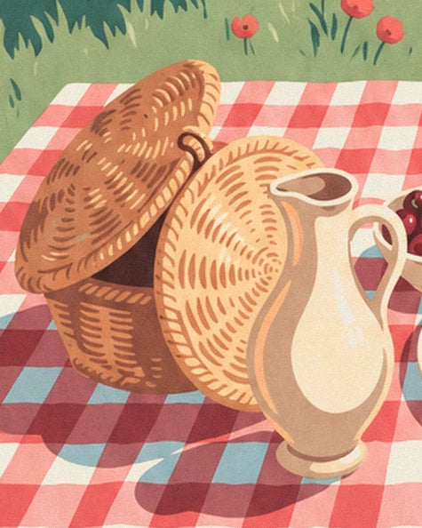The open wicker basket and cream jug on the red checked tablecloth