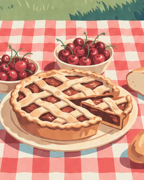The golden lattice-topped tart and bowls of cherries on the checked tablecloth