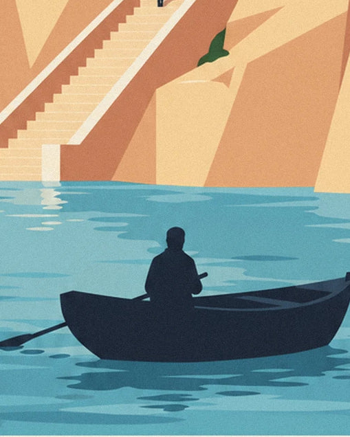 The dark silhouette of the helmsman in his boat, at the foot of the steps carved into the rock