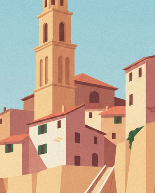 The bell tower and pink houses with green shutters, perched on the cliff edge