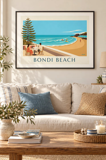 Póster de café en una terraza frente a la playa de Bondi en Sídney: enmarcado en la pared