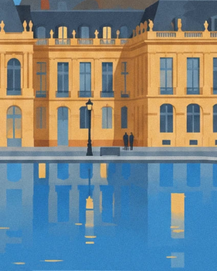 Les façades ocre, les 2 silhouettes et le réverbère face aux reflets bleus