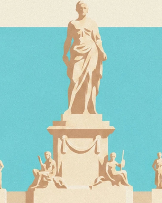 The draped statue on its carved plinth against the turquoise sky