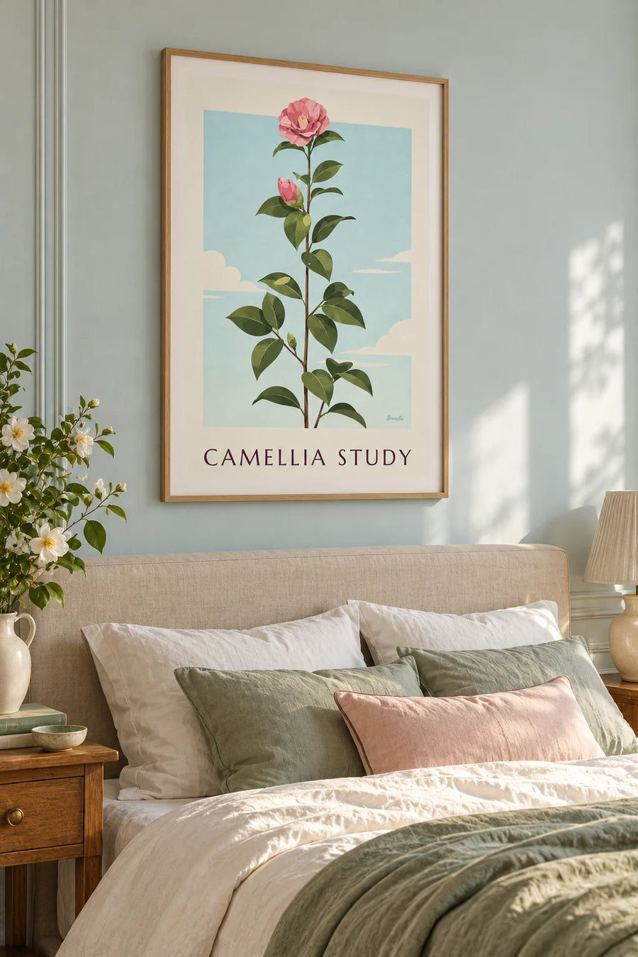 Póster de lámina botánica de camelia rosa en flor: enmarcado en la pared