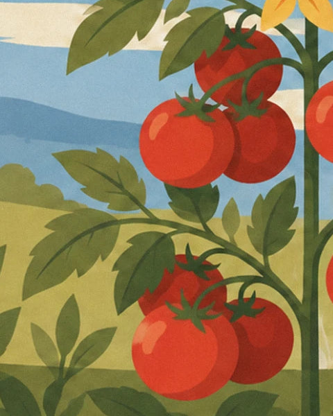 Une grappe de tomates bien rouges et brillantes, devant les collines bleues