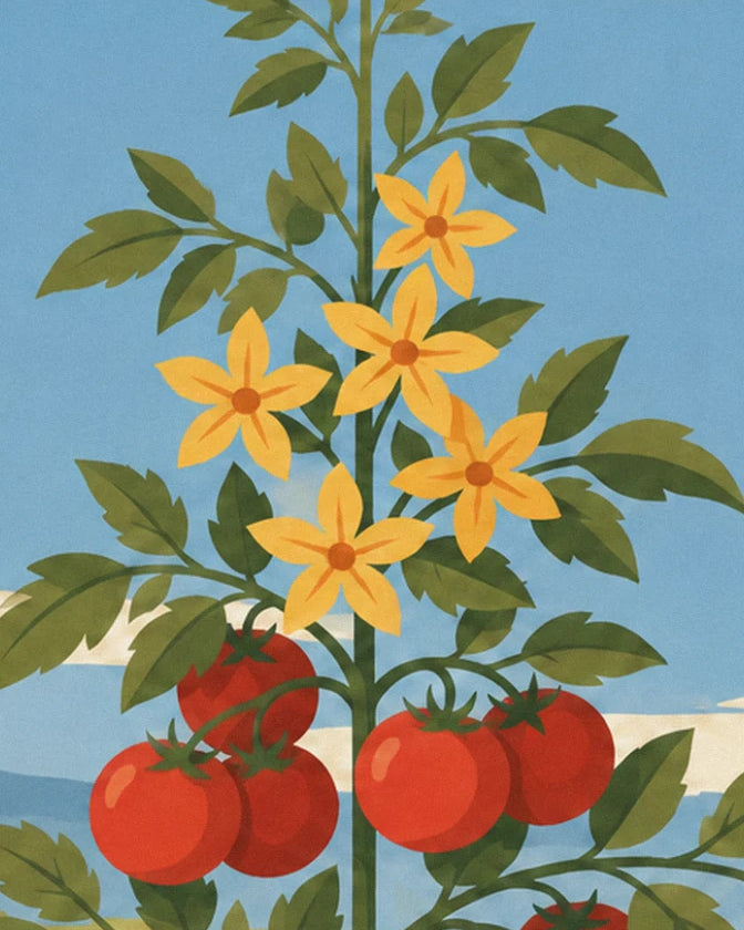 Les 5 fleurs jaunes du plant de tomates, au-dessus des fruits rouges