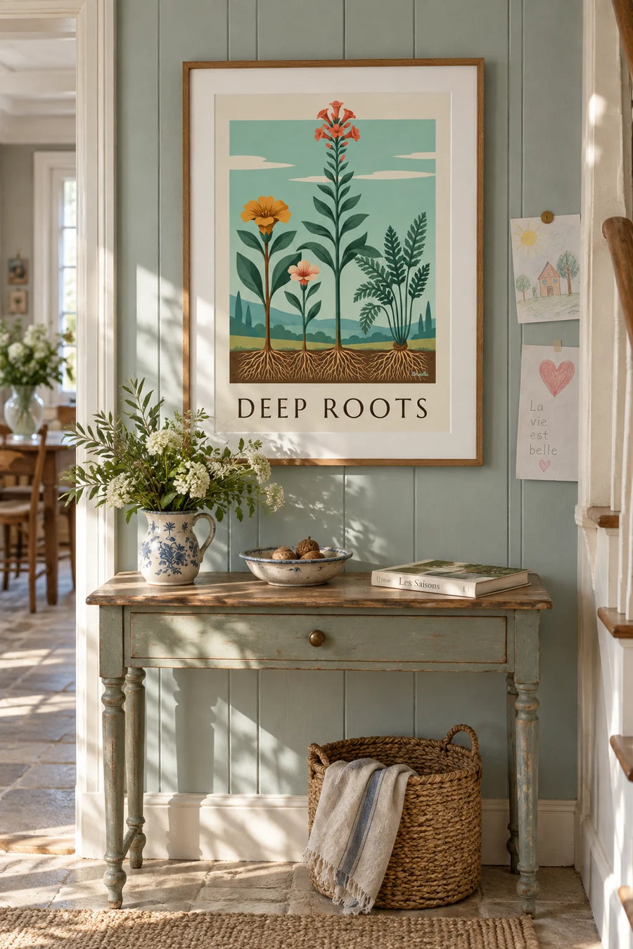 Botanical plate of plants and roots poster: framed on the wall