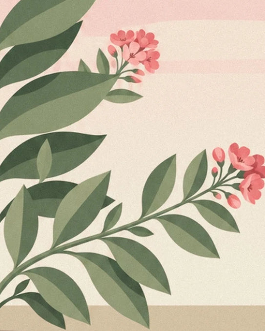 Des rameaux fleuris de rose entre de grandes feuilles vertes, sur fond crème et rose