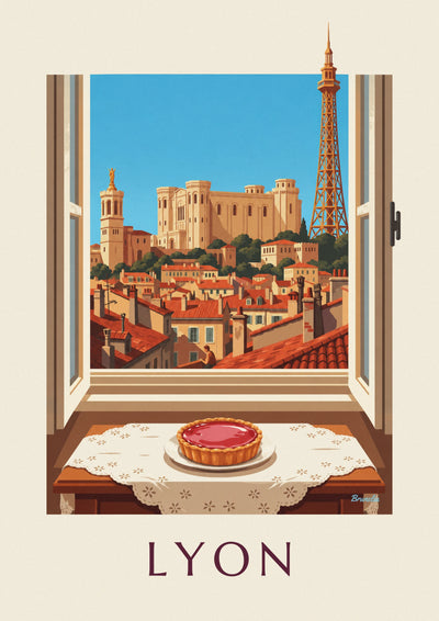 Póster de una tarta de pralinés rosas en la ventana de un salón lionés: el póster completo