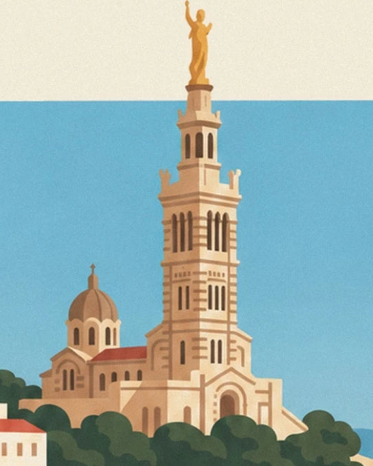 Notre-Dame de la Garde and its golden statue against the blue sea