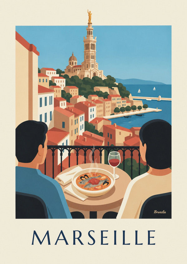 Affiche bouillabaisse sur une terrasse du Vieux-Port de Marseille