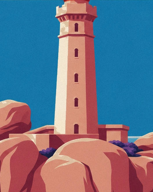 The pink granite lighthouse standing on its rocks, with a deep blue sky and purple heather