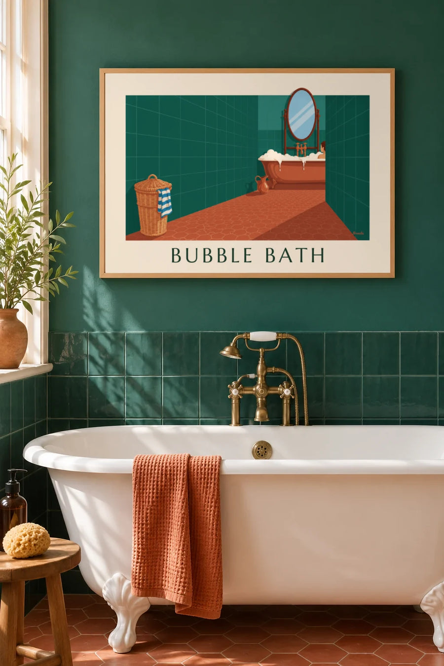 Póster de baño verde, bañera de cobre y cesta de mimbre: enmarcado en la pared