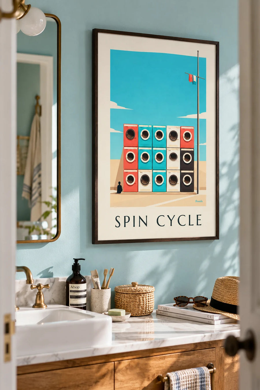 Affiche grille de 9 machines à laver colorées : encadrée au mur