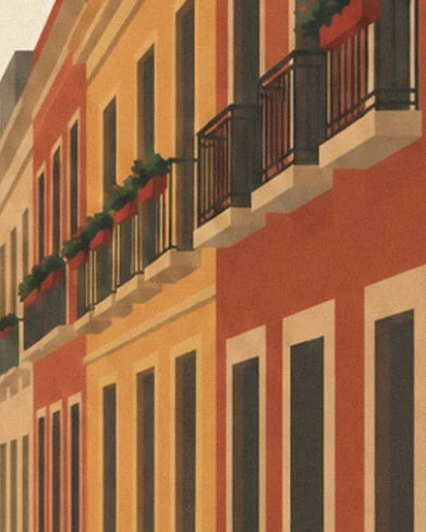 The red and yellow façades with black balconies lined with window boxes