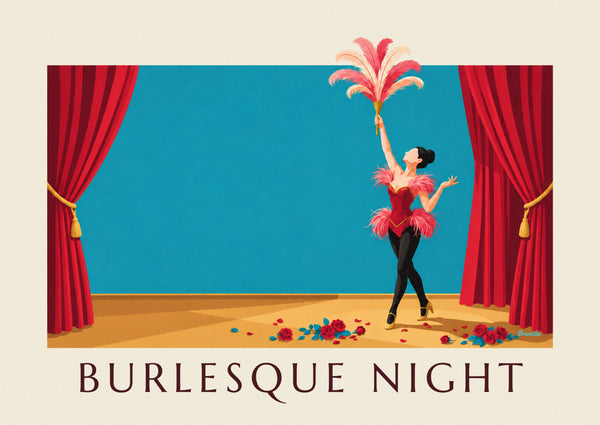 Burlesque cabaret dancer in corset and feathers poster
