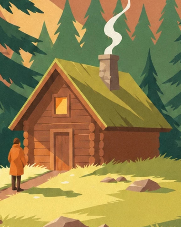 The wooden cabin with a green roof and smoking chimney, surrounded by pine trees