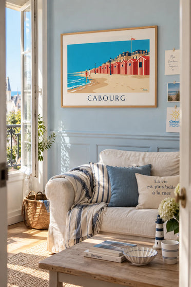 Póster de casetas de playa y el Grand Hôtel de Cabourg: enmarcado en la pared