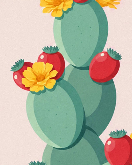 The sea green cactus pads, their red fruits and a yellow flower in full bloom