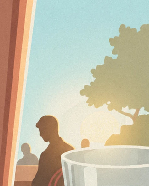 A backlit customer on the terrace, a large tree and the low sun behind the glass