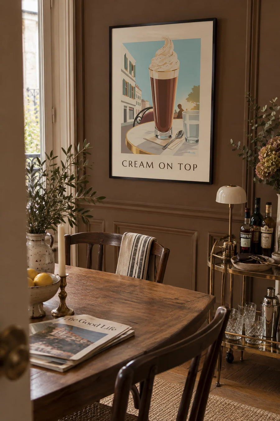 Poster of a Viennese coffee with whipped cream on a marble table: framed on the wall