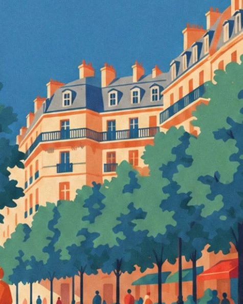 Immeuble haussmannien à toits d'ardoise et balcons bleus, derrière les marronniers du boulevard