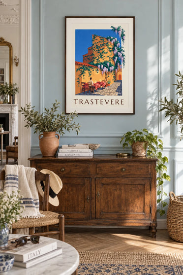 Póster de la terraza de una trattoria en el Trastevere de Roma: enmarcado en la pared