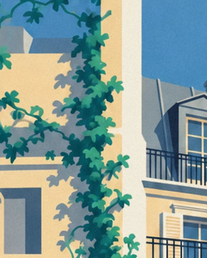 The green ivy climbing the cream façade beneath a wrought iron balcony