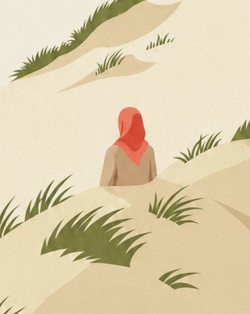 Une promeneuse au foulard rouge, de dos, assise dans les dunes et les oyats